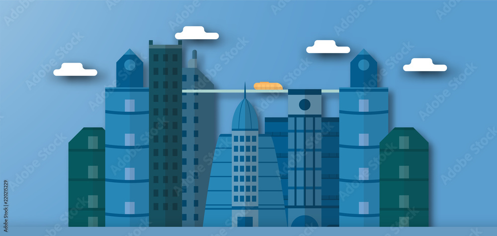 Pop up design of urban buildings and future town with blue sky and cloud. Vector illustration with flat city in paper cut style. Trend of landmark for downtown of the world and big country.