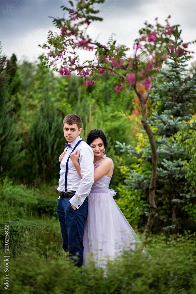 wedding photo session in nature. bride in a beautiful dress and bridegroom in suspenders and a butterfly wedding photo session in nature. bride in a beautiful dress and bridegroom in suspenders and a butterfly