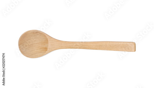 Empty wooden spoon isolated on white background, top view