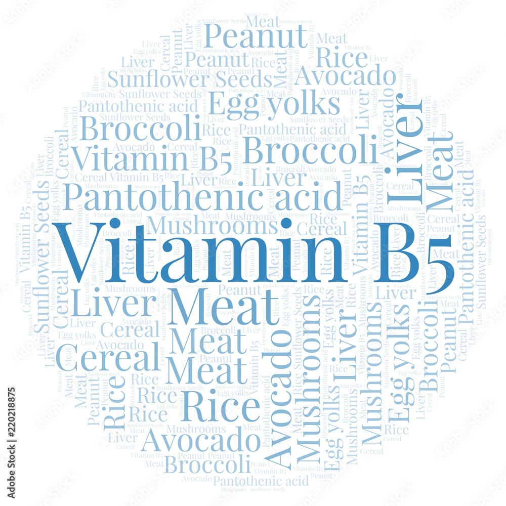 Vitamin B5 in a circle shape word cloud.