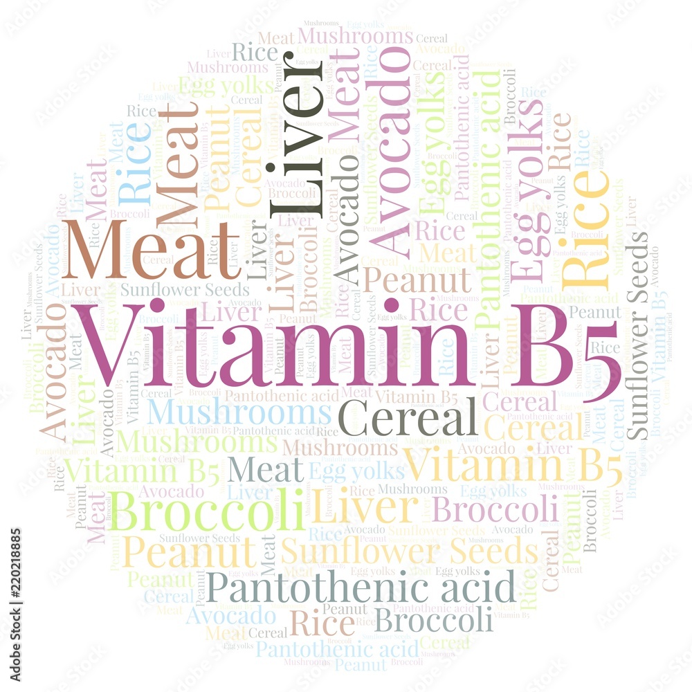 Vitamin B5 in a circle shape word cloud. Vitamin B5 in a circle shape word cloud.