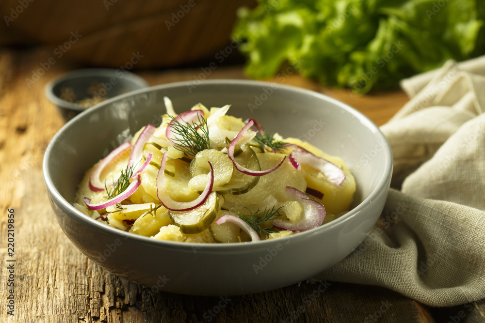 Potato salad with red onion and pickled cucumber Potato salad with red onion and pickled cucumber