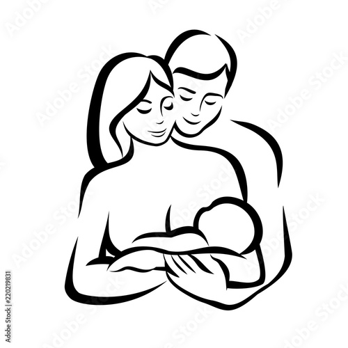 happy family stylized vector symbol, young parents and child