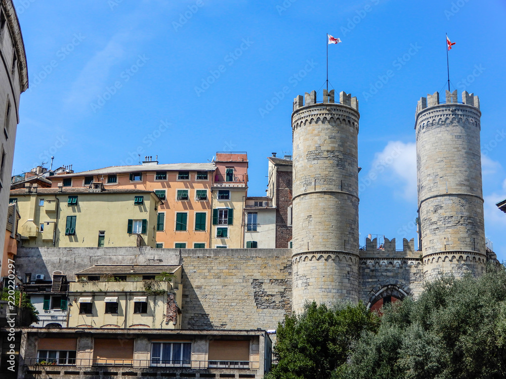 GENOA, ITALY, AUGUST 24, 2018 - View of Porta Soprana or Saint Andrew's Gate ith a part of old city in Genoa, Italy