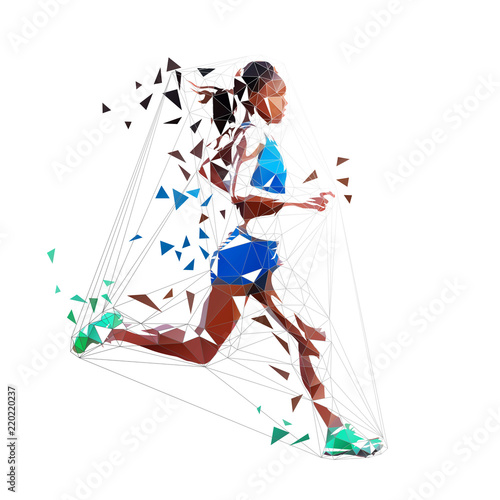 Running woman polygonal vector isolated illustration. Low poly geometric marathon runner