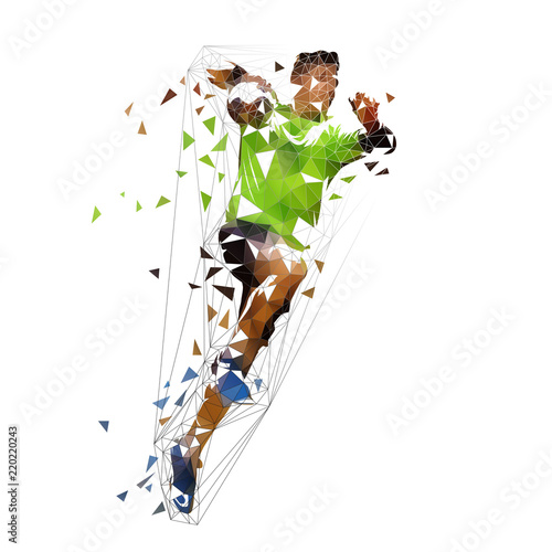 Handball player shooting ball, abstract polygonal vector illustration. Isolated low poly drawing