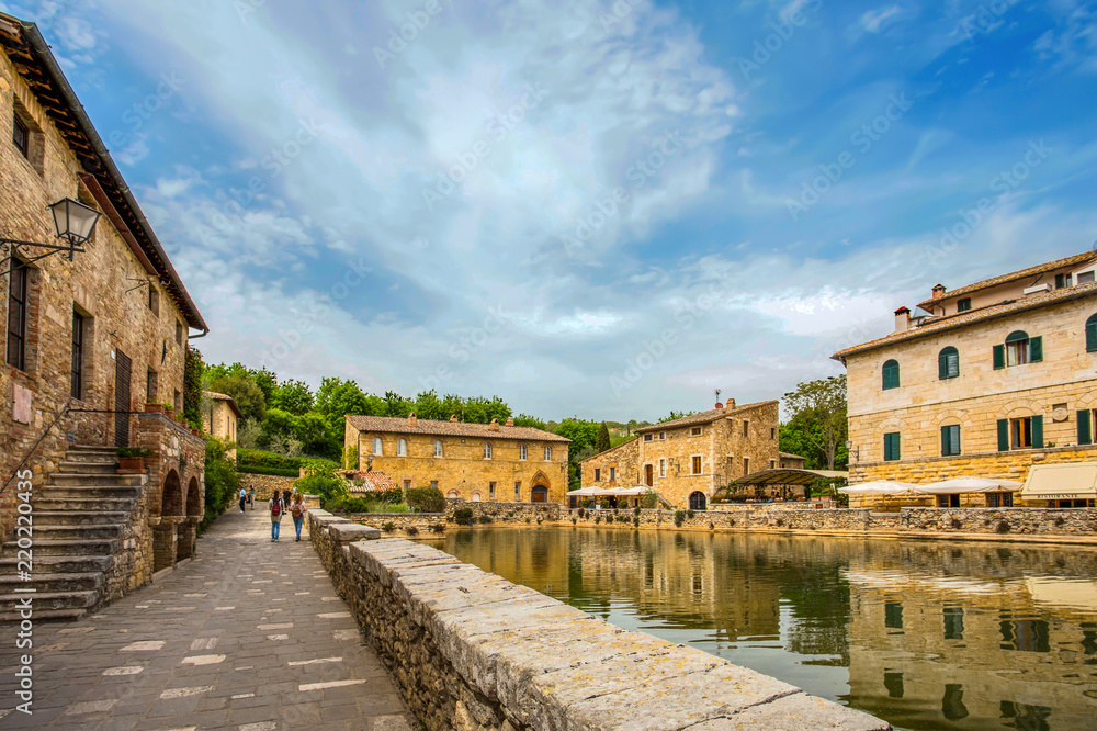 Old thermal baths in the medieval village of Bagno Vignoni, Siena province, Tuscany, Italy