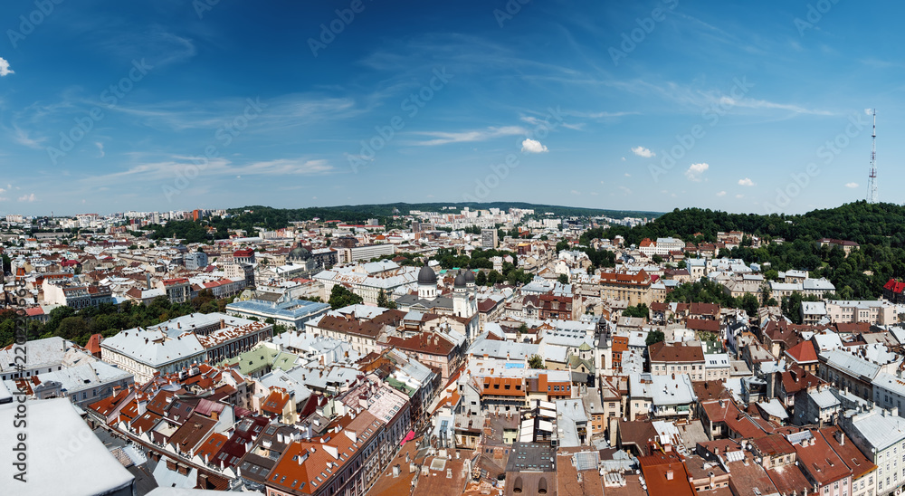 City view of Lviv historical center with its beautiful architecture from Medieval Town Hall. Lviv old city panorama with old roofs of Armenian quarter, Transfiguration Church, Rynok Square