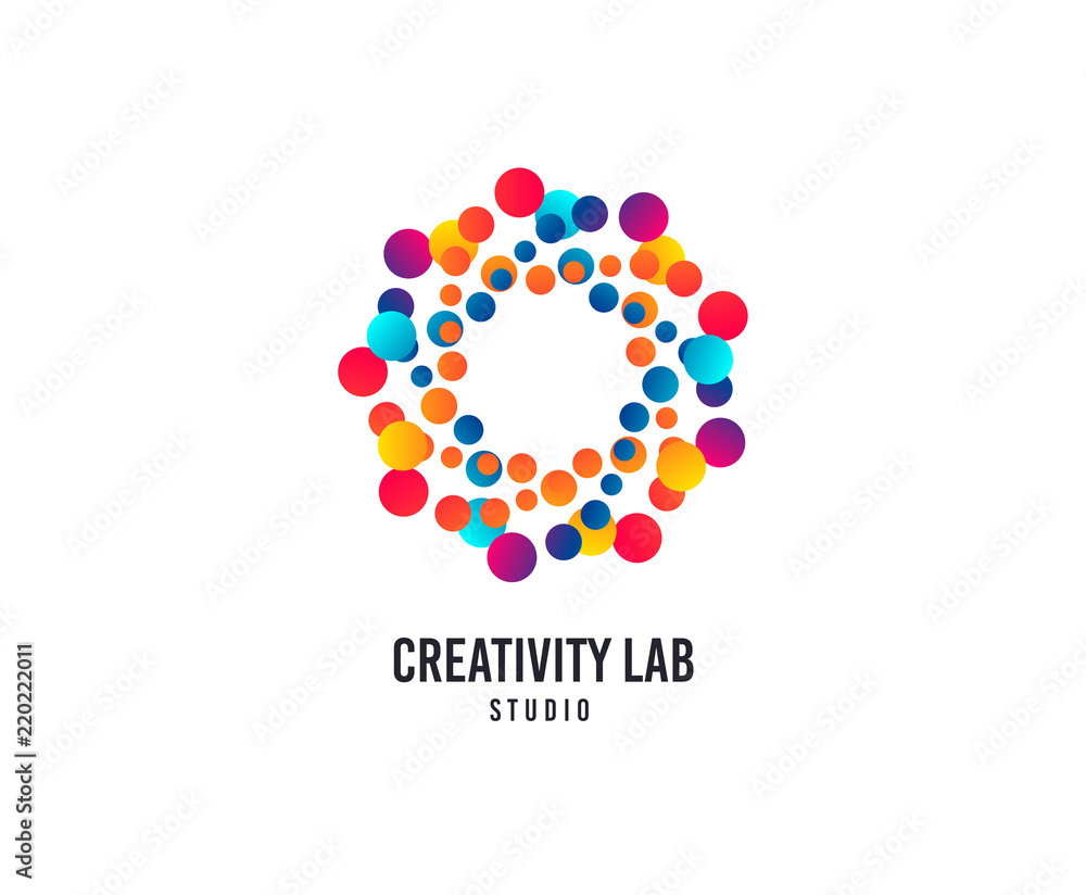 Creativity lab logo. Bubbles or Dots vector icon. Creative design studio logo. Business company brand sign. Minimalistic modern creativity graphic logotype. Typography template.