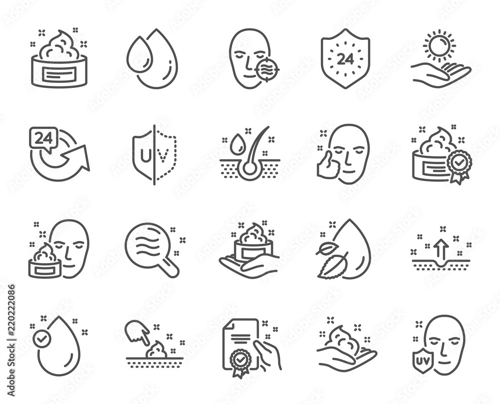 Skin care line icons. Set of Cream, Serum drop and Face gel or lotion