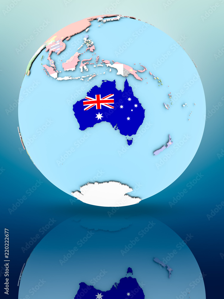 Obraz premium Australia on political globe with flags