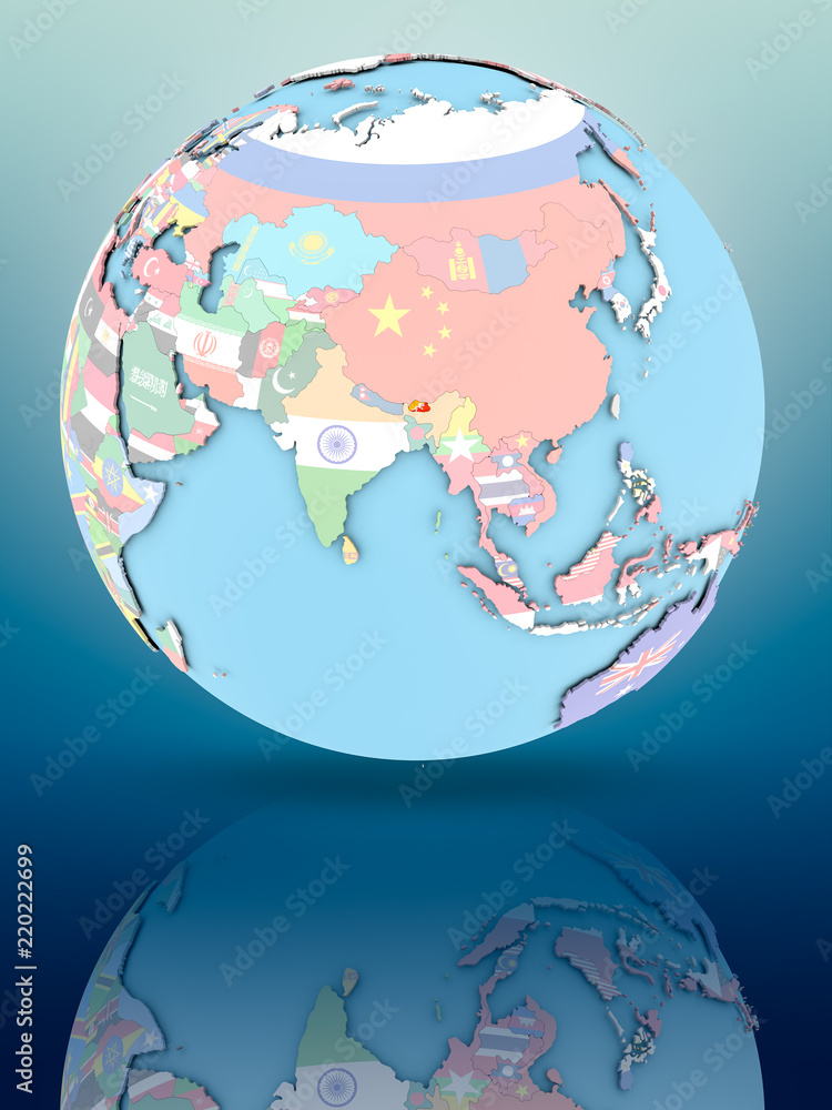 Obraz premium Bhutan on political globe with flags