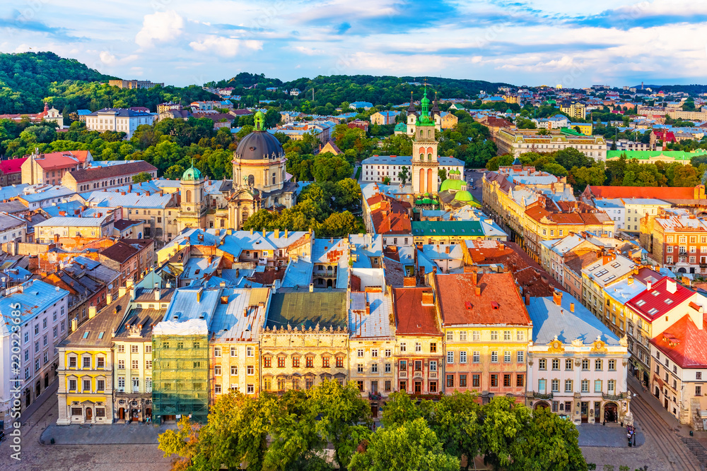Aerial view of the Old Town of Lviv, Ukraine