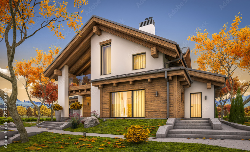 3d rendering of modern cozy house in chalet style with garage for sale
