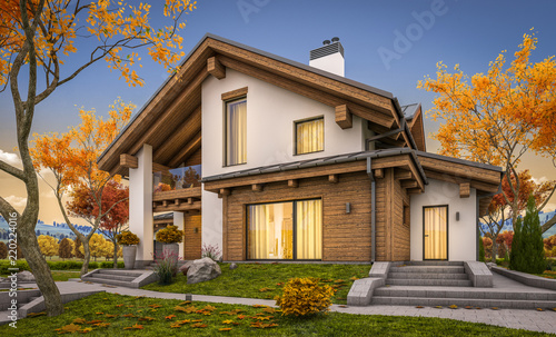 Foto 3d rendering of modern cozy house in chalet style with garage for sale or rent with large garden and lawn