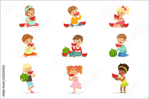 Cute little kids eating watermelon. Healthy eating  snack for children. Cartoon detailed colorful Illustrations