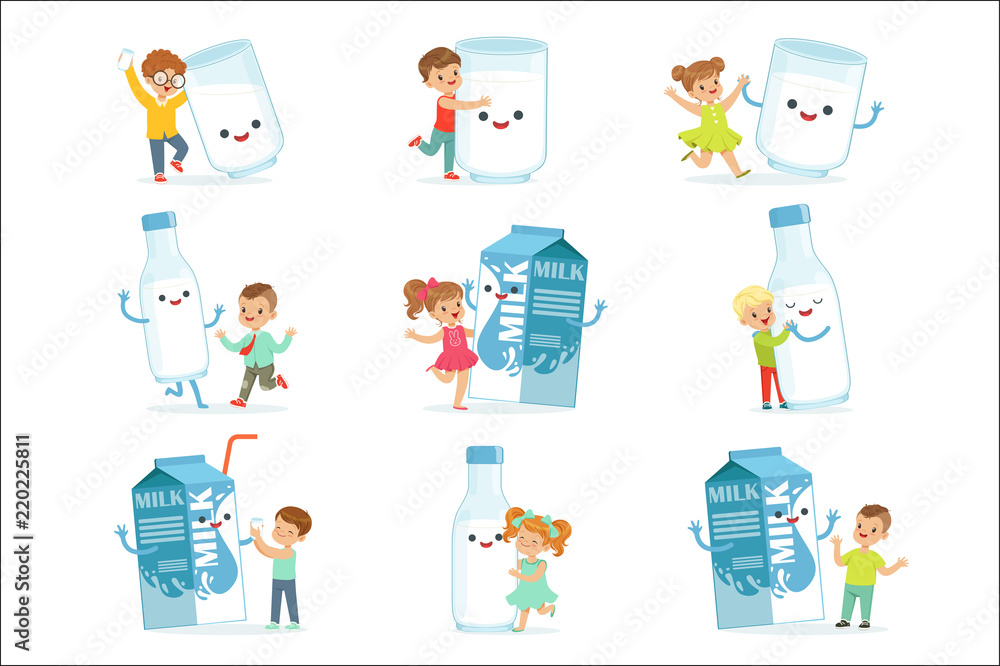 Cute little children having fun and playing with large boxes, mugs and bottles of milk, set for label design. Colorful cartoon characters Cute little children having fun and playing with large boxes, mugs and bottles of milk, set for label design. Colorful cartoon characters