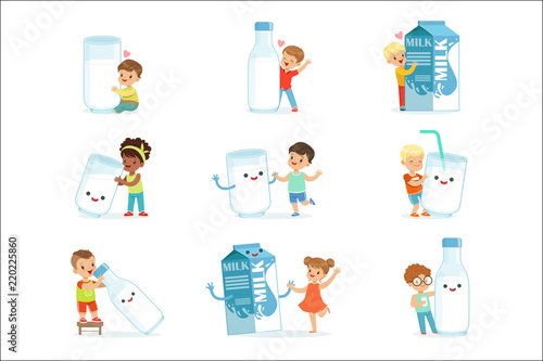 Smiling little children playing and dancing with large boxes, mugs and bottles of milk, set for label design. Colorful cartoon characters