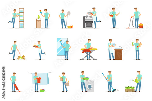 Smiling househusbands washing, cooking, cleaning and shopping. Set of colorful cartoon detailed vector Illustrations