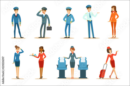 Commercial Flight Board Crew Collection Of Air Transportation Professionals Working On The Plane, Stewardesses And Pilots
