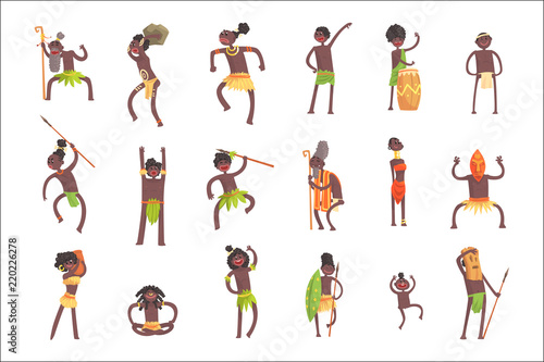 African Tribe Members, Warriors And Civilians In Leaf Loincloths Set Of Smiling Cartoon Characters