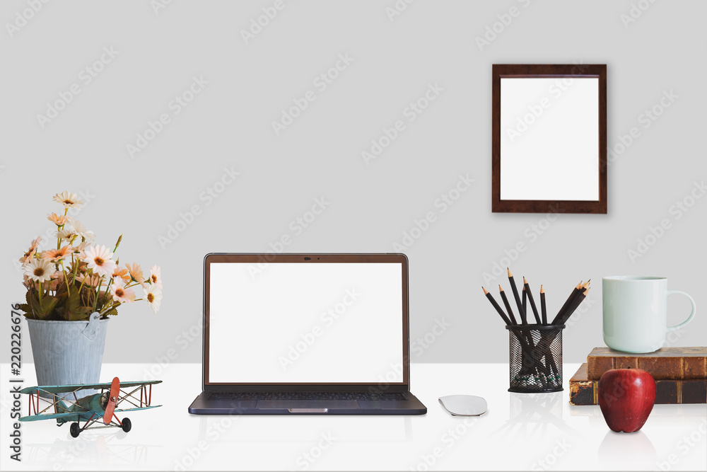 Obraz premium Workspace with modern desktop computer, office supplies flower plant at home or studio. Mock up.