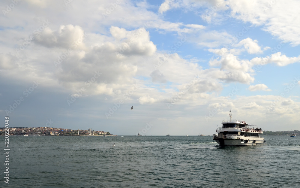View to Istanbul and passenger ferry. Seagulls flying in the sky. River of the Bosphorus. Turkey View to Istanbul and passenger ferry. Seagulls flying in the sky. River of the Bosphorus. Turkey