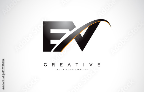 EV E V Swoosh Letter Logo Design with Modern Yellow Swoosh Curved Lines.