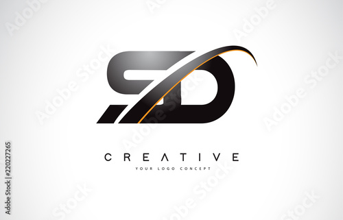 SD S D Swoosh Letter Logo Design with Modern Yellow Swoosh Curved Lines.