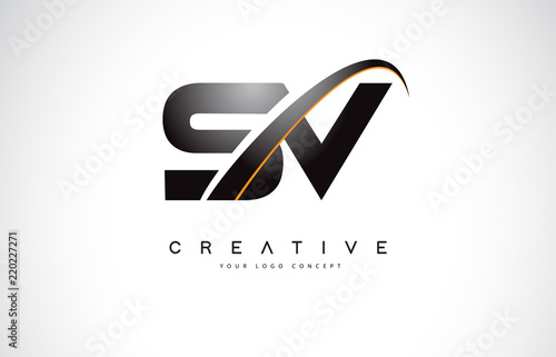 SV S V Swoosh Letter Logo Design with Modern Yellow Swoosh Curved Lines.