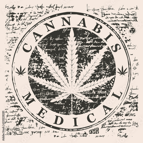 Vector banner for Medical cannabis with hemp leaf pattern on abstract old papyrus background or grunge style manuscript. Natural product of green medicine made from organic hemp