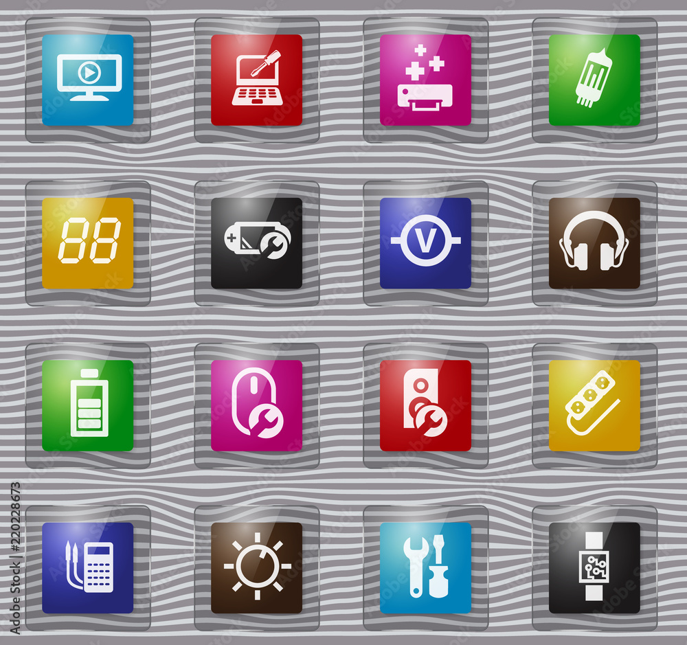 Electronic repair glass icons set Electronic repair glass icons set