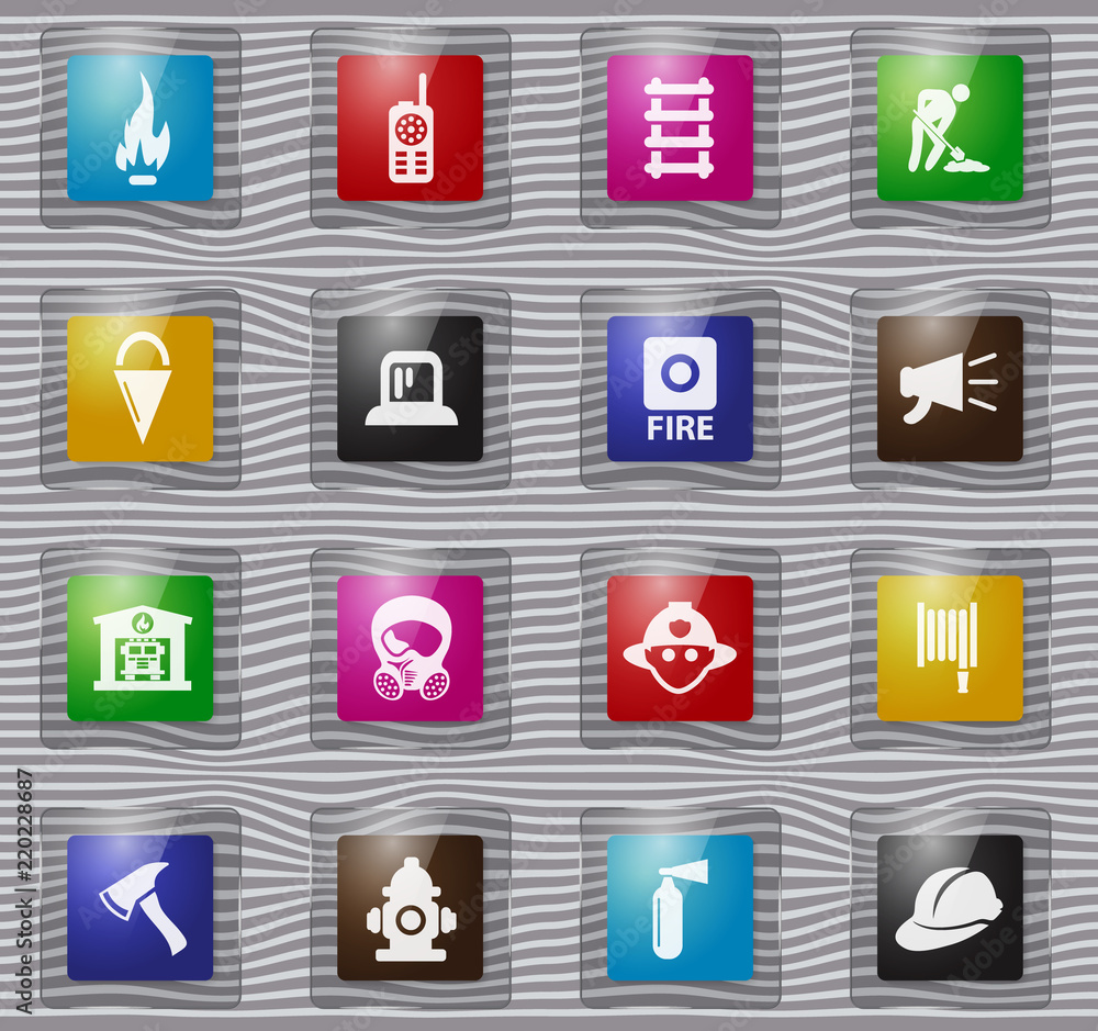 Fire-brigade glass icon set Fire-brigade glass icon set