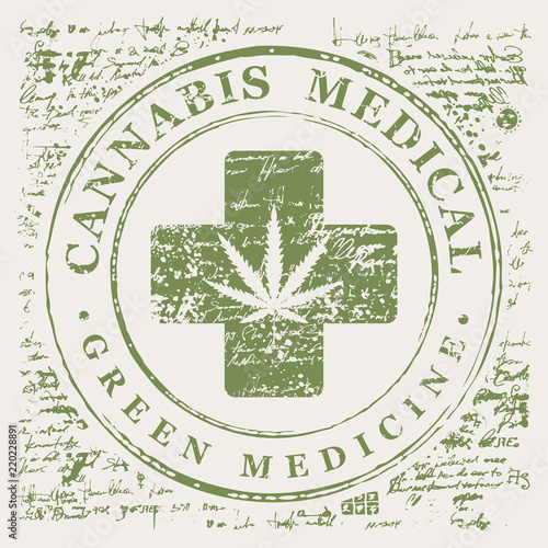 Vector banner for Medical cannabis with hemp leaf pattern and medical cross on abstract old papyrus background or grunge style manuscript. Natural product of green medicine made from organic hemp