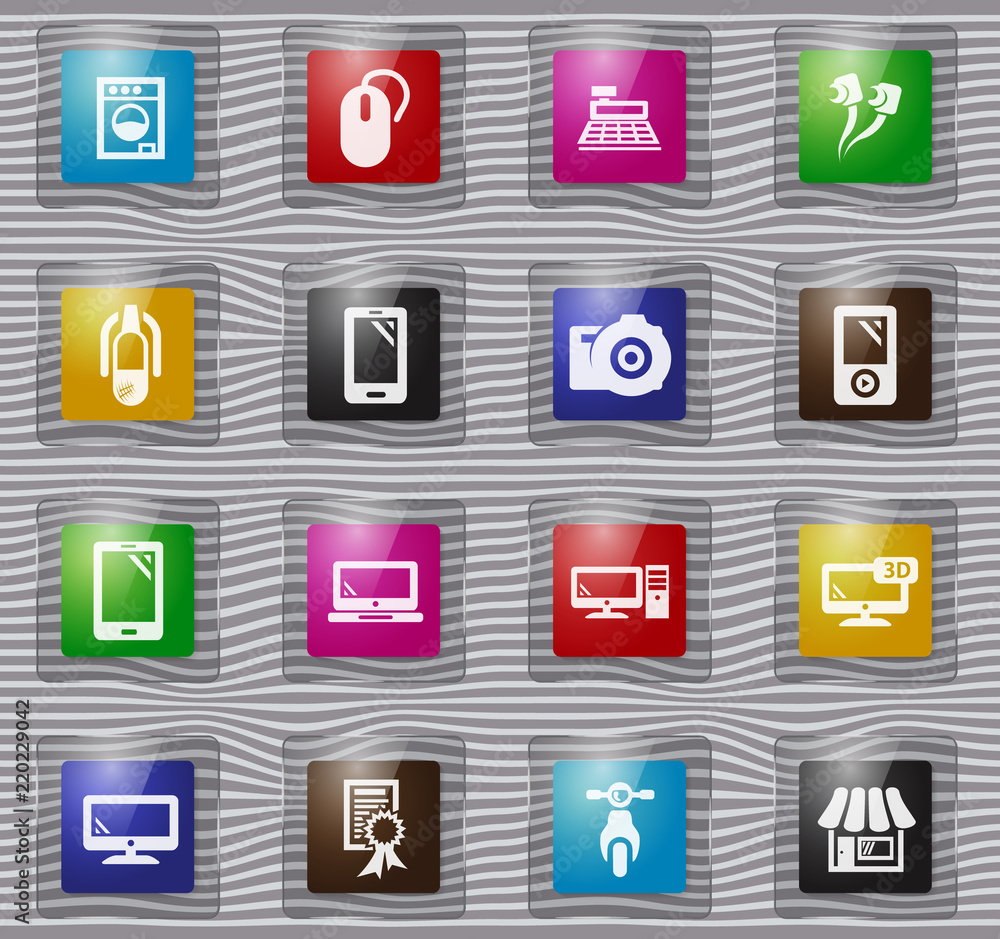 Supermarket electronic glass icons set Supermarket electronic glass icons set