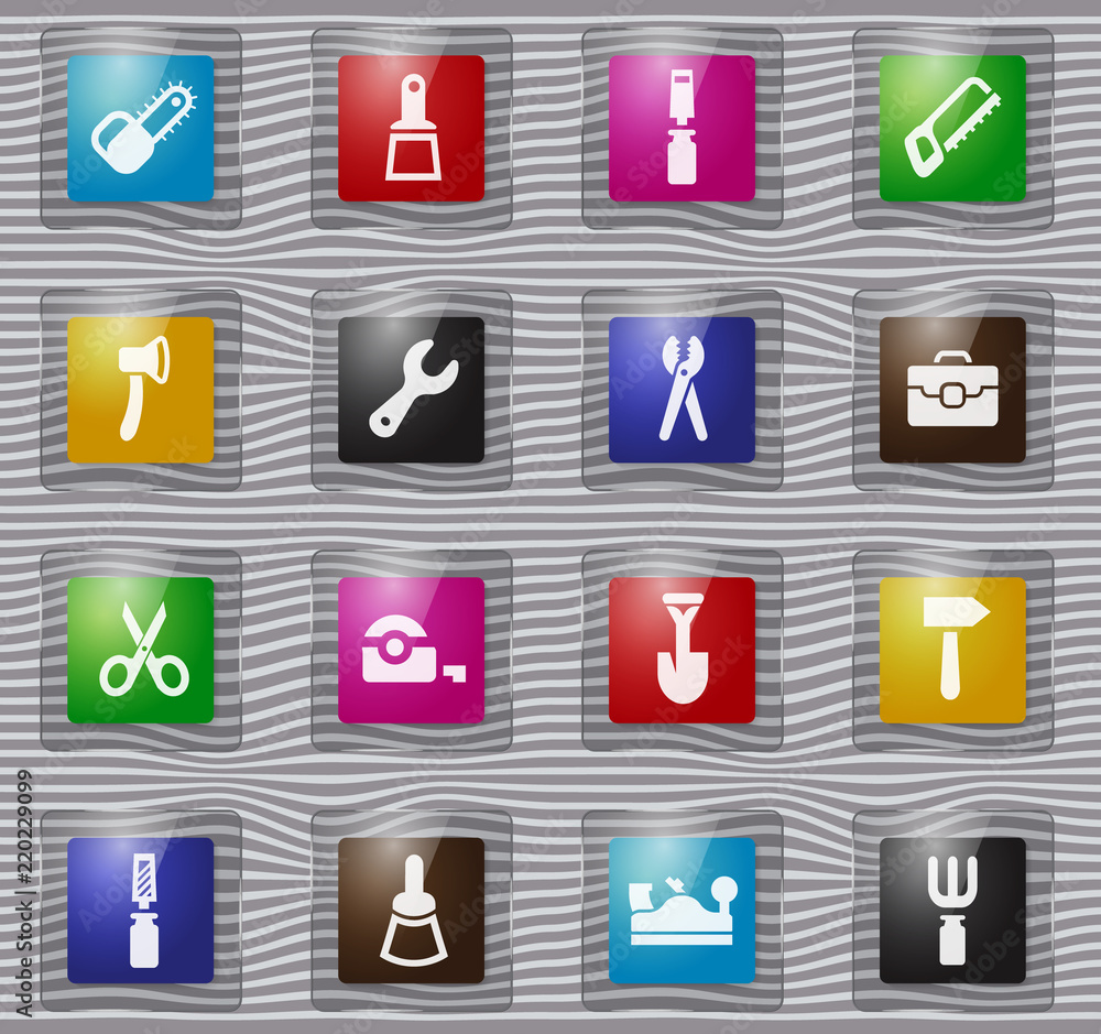 Work tools glass icons set Work tools glass icons set
