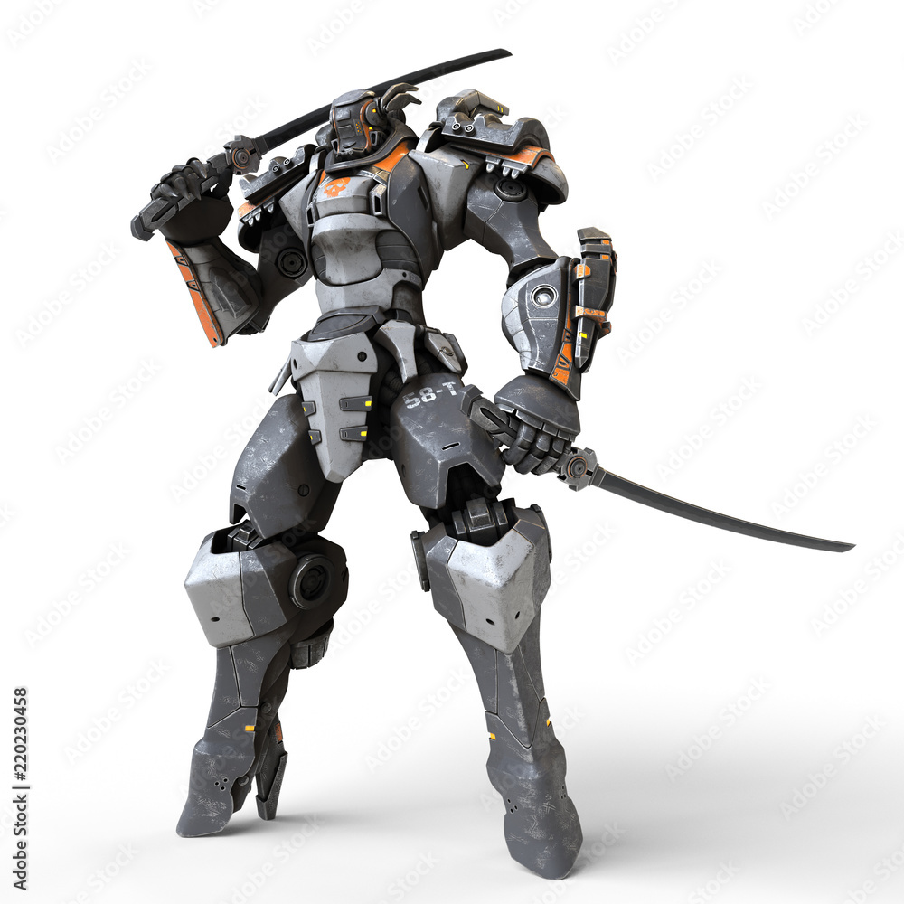Mech samurai warrior and holding two swords. with a katana on his shoulder. Futuristic robot with white and gray metal. Sci-fi Mech Battle. 3D rendering on white background. Stock