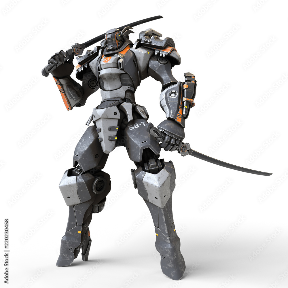 Mech samurai warrior standing and holding two swords. Robot with a katana on his shoulder. Futuristic robot with white and gray color metal. Sci-fi Mech Battle. 3D rendering on white background. Mech samurai warrior standing and holding two swords. Robot with a katana on his shoulder. Futuristic robot with white and gray color metal. Sci-fi Mech Battle. 3D rendering on white background.