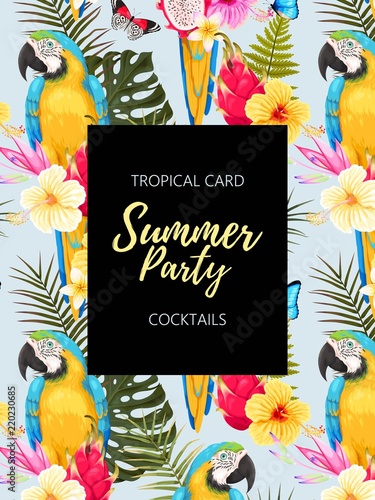 Summer party invitation with macaw and flowers