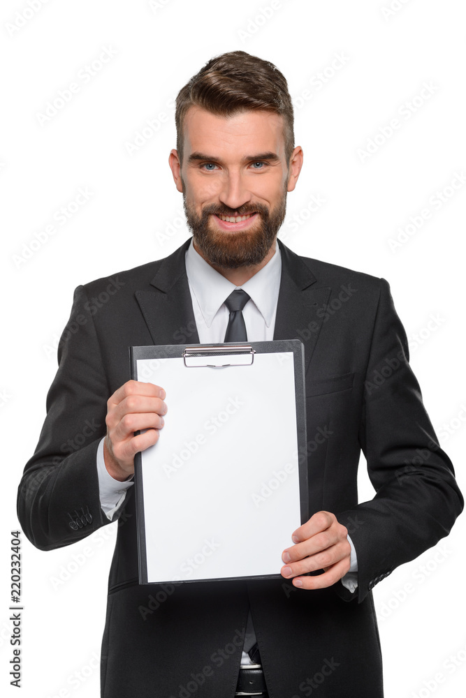Smiling businessman with the clipboard Smiling businessman with the clipboard