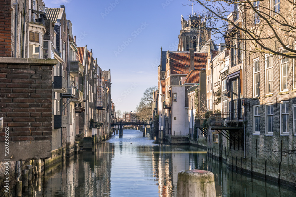 Sunny day at the Canals of Dordrecht located in The Netherlands
