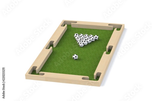Ground pool snookball game with football balls on green grass reaching goal.  3D rendering, 3D illustration,