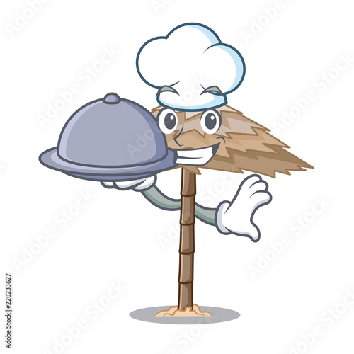 Chef with food beach shelter under the umbrella cartoon