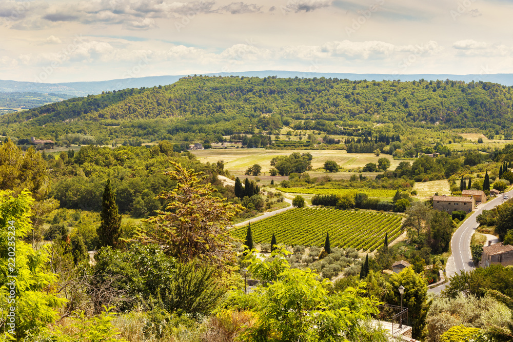 View of the valley from the mountainous Provencal village of Gordes. Provence. France.