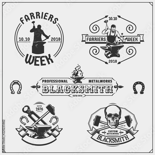 Vintage emblems for forge. Blacksmith labels, badges and design elements. Vector illustration.
