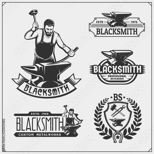 Vintage emblems for forge. Blacksmith labels, badges and design elements. Vector illustration.