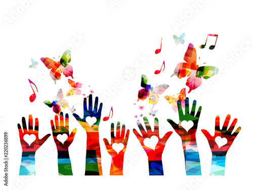 Music colorful background with music notes and hands vector illustration. Artistic music festival poster, live concert, creative love music design