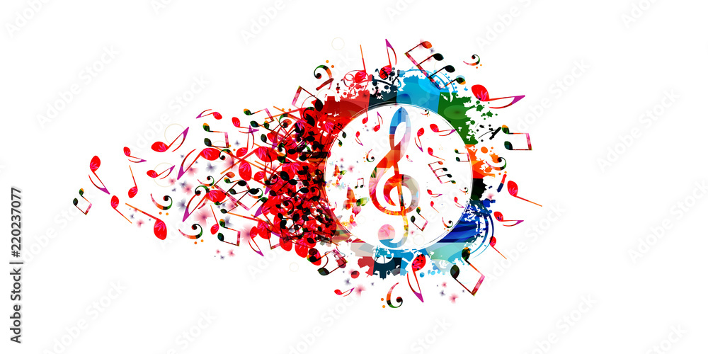 Music colorful background with music notes and G-clef vector illustration design. Artistic music festival poster, live concert, creative treble clef design - obrazy, fototapety, plakaty 