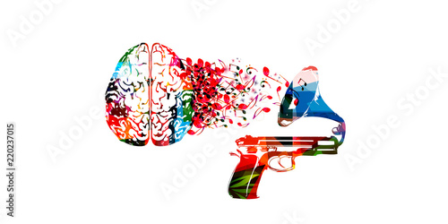 Colorful human brain with music notes and gramophone isolated vector illustration design. Artistic music festival poster, live concert, creative music notes, listening to music