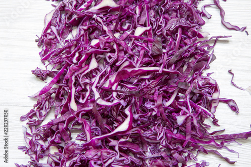 Chopped red cabbage, close-up. Top view, from above, overhead.